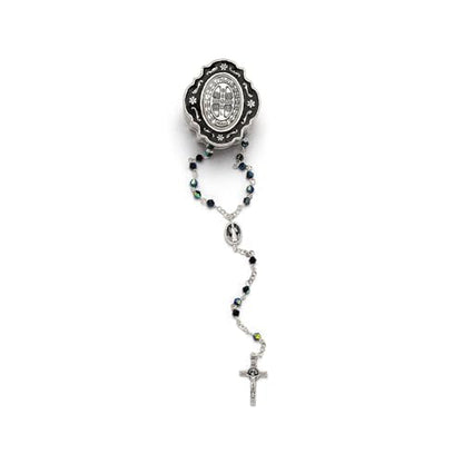 Catholic Silver Linked Rosary Set – 3mm Beads, 14.25" Length, Metal Keepsake Gift Box with Enamel Inlay – Perfect First Communion Gift (Saint Benedict) - color: Saint Benedict