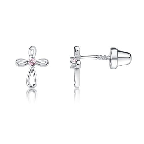 Cherished Moments Cross Earrings, .925 Sterling Silver or 14k Gold-Plated - color: SM Silver Pink