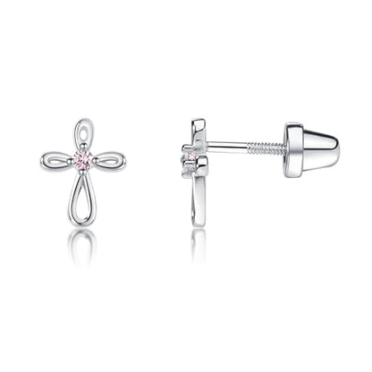 Cherished Moments Cross Earrings, .925 Sterling Silver or 14k Gold-Plated - color: Silver LG Pink