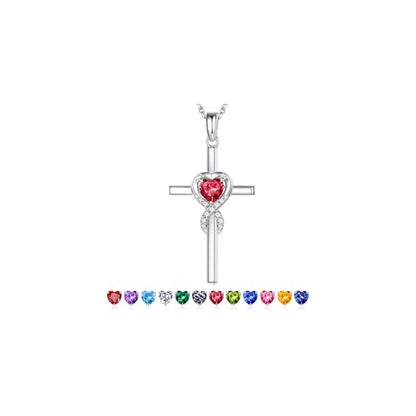 Iefil Cross Necklace for Women - Birthstone Necklace - color: 07-Jul-Created Ruby