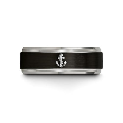 Gift for Nautical Fan - Anchor With Rope Ring - Men Women - Tungsten - Flat Dome Bevel - Band - Yellow Gold Black Silver Blue - Anniversary Wedding - 8mm - Brushed Polished - Personalized Custom Engra - color: 06 - Black Blue Grey Tungsten