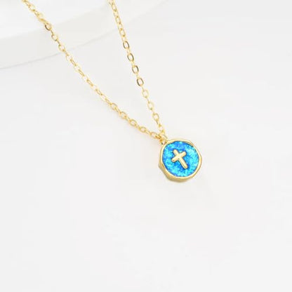 Gold Enamel Mini Cross Necklace Tiny Mother of Pearl Cross Necklace Religious Christian Gift for Baptism First Communion Christmas - color: Medium Opal cross(13mm)-blue