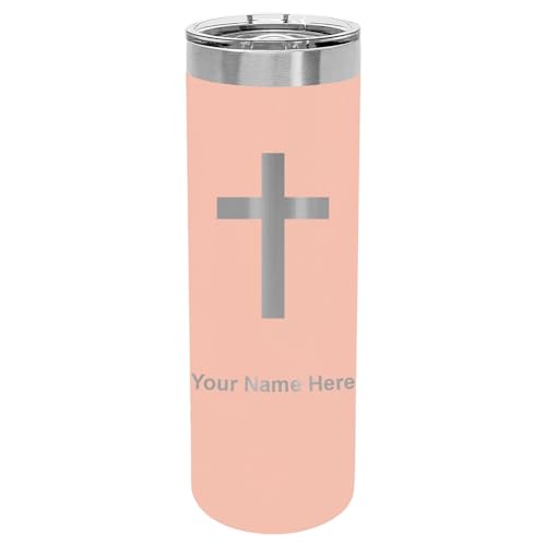 LaserGram Personalized 22oz Skinny Tumbler, Christian Cross (Coral) - color: Coral