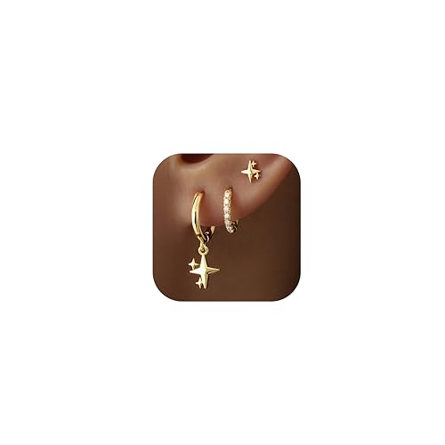14K Gold Planted Seashell Starfish Stud dangle Earrings for Women, Summer Beach Hoop Earrings for Multiple Piercing Cartilage, Dainty Trendy Dangling Earring 3 Pairs Set Vacation Ocean Outfits Accessories Jewelry - color: Star-Gold