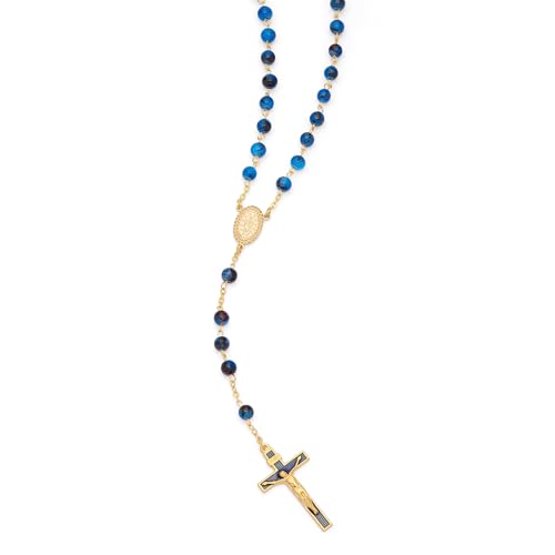Mondo Cattolico Rosary Beads catholic for Women and Men from Vatican, Miraculous Virgin Rosary with Variegated Glass on a Gold Plated Brass Chain - Perfect Catholic gifts - color: Midnight blue