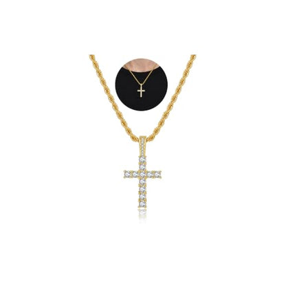 925 Sterling Silver Cross Necklaces for Mens Women CZ Beveled Edge - color: Cubic Zirconia Gold Cross