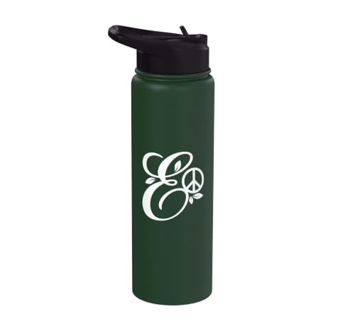 fancy Italic script Initial Letter E minimalist peace symbol Stainless Steel Insulated Water Bottle - color: Dark Green