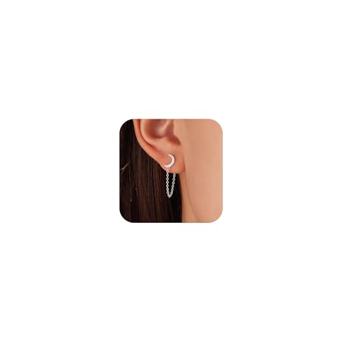 925 Sterling Silver CZ Moon Cross Heart Teardrop Chain Earrings for Women - color: Moon--Silver