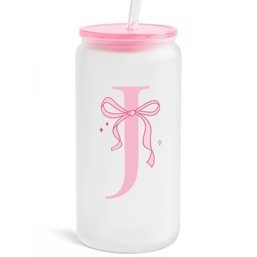 SANDJEST Monogrammed Glass Drinking Can Cup with Acrylic Lid and Straw, Personalized Frosted Iced Coffee Tumbler 16oz, Monogram Initial Gifts for Women Girls on Birthday (J) - color: J