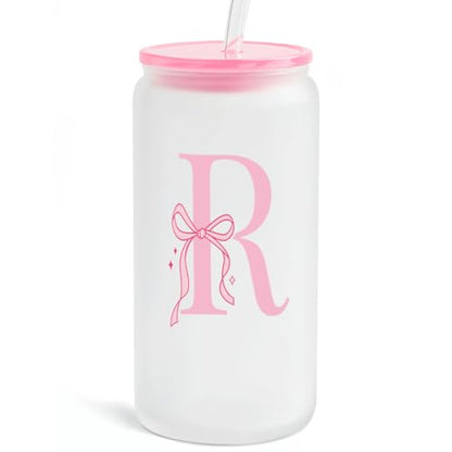 SANDJEST Monogrammed Glass Drinking Can Cup with Acrylic Lid and Straw, Personalized Frosted Iced Coffee Tumbler 16oz, Monogram Initial Gifts for Women Girls on Birthday (R) - color: R