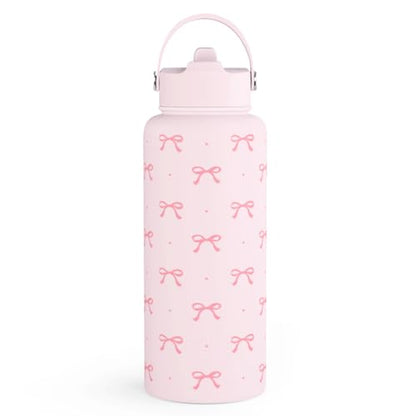 Pink Bow Water Bottle Stainless Steel Insulated Vacuum 32oz with Lid, Gifts for Women Girls Teens Birthday Christmas - color: Coquette Pink Bow