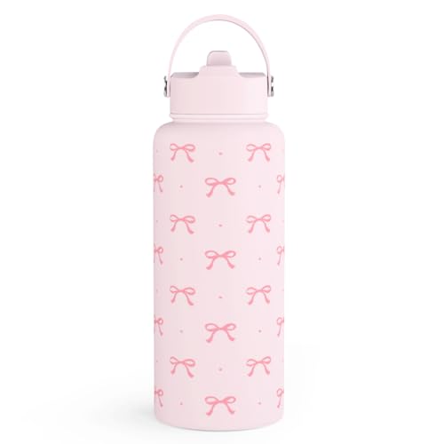 Pink Bow Water Bottle Stainless Steel Insulated Vacuum 32oz with Lid, Gifts for Women Girls Teens Birthday Christmas - color: Coquette Pink Bow