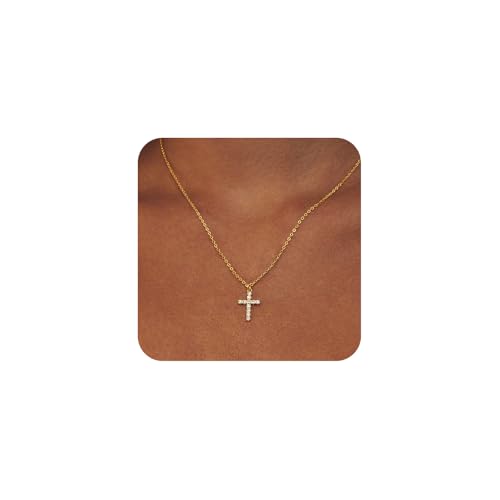LULII Cross Necklace for Women Dainty 14K Gold Silver Plated Small Cross Pendant Choker Simple Cute Cross Gold Necklace for Women Trendy Faith Jewelry Gift - color: CZ Cross-Gold