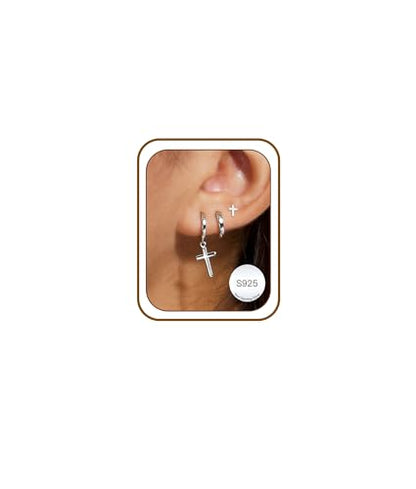 3Pairs Gold Cross Earrings for Women Hoops Huggie Earrings Stack Set - color: Silver-1
