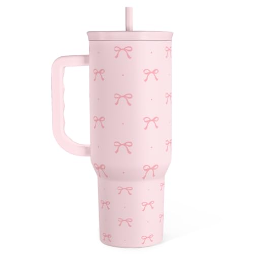 SANDJEST Gift for Women Girls - Coquette Bow Stainless Steel Tumbler with Handle, Travel Coffee Mug - Gifts for Birthday Christmas, 40oz - color: Bow