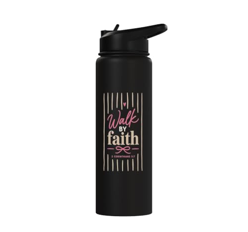 Christian Faith Scripture Verse Walk by Faith Pink Bow Stainless Steel Insulated Water Bottle - color: Black