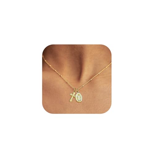 NIXMAX Small Cross Necklace for Women, 14K Gold Silver Plated Pendant - color: Gold-Virgin Mary with Cross