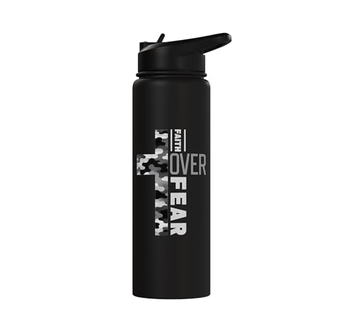 Faith Over Fear Christian Camo Cross Religious Bible Verse Stainless Steel Insulated Water Bottle - color: Black