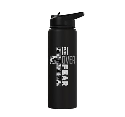 Faith Over Fear Christian Camo Cross Religious Bible Verse Stainless Steel Insulated Water Bottle - color: Black