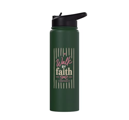 Christian Faith Scripture Verse Walk by Faith Pink Bow Stainless Steel Insulated Water Bottle - color: Dark Green