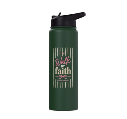 Christian Faith Scripture Verse Walk by Faith Pink Bow Stainless Steel Insulated Water Bottle - color: Dark Green