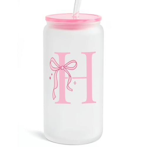SANDJEST Monogrammed Glass Drinking Can Cup with Acrylic Lid and Straw, Personalized Frosted Iced Coffee Tumbler 16oz, Monogram Initial Gifts for Women Girls on Birthday (H) - color: H