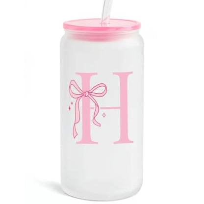 SANDJEST Monogrammed Glass Drinking Can Cup with Acrylic Lid and Straw, Personalized Frosted Iced Coffee Tumbler 16oz, Monogram Initial Gifts for Women Girls on Birthday (H) - color: H