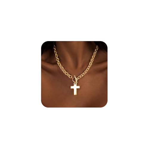 LULII Cross Necklace for Women Dainty 14K Gold Silver Plated Small Cross Pendant Choker Simple Cute Cross Gold Necklace for Women Trendy Faith Jewelry Gift - color: Chunky Cross Necklace-Gold
