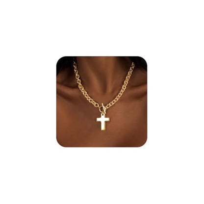 LULII Cross Necklace for Women Dainty 14K Gold Silver Plated Small Cross Pendant Choker Simple Cute Cross Gold Necklace for Women Trendy Faith Jewelry Gift - color: Chunky Cross Necklace-Gold