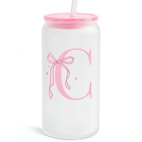 SANDJEST Monogrammed Glass Drinking Can Cup with Acrylic Lid and Straw, Personalized Frosted Iced Coffee Tumbler 16oz, Monogram Initial Gifts for Women Girls on Birthday (C) - color: C