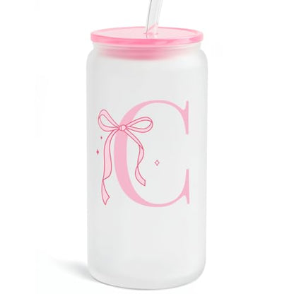 SANDJEST Monogrammed Glass Drinking Can Cup with Acrylic Lid and Straw, Personalized Frosted Iced Coffee Tumbler 16oz, Monogram Initial Gifts for Women Girls on Birthday (C) - color: C