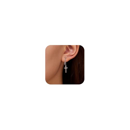 925 Sterling Silver CZ Moon Cross Heart Teardrop Chain Earrings for Women - color: Cross-Silver