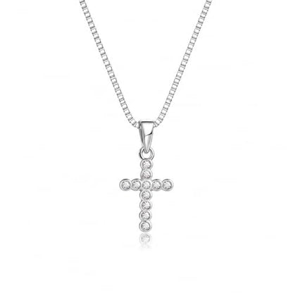 Precious Pieces CZ Cross Necklace, .925 Sterling Silver or 14K Gold-Plated - color: White Round-16-18