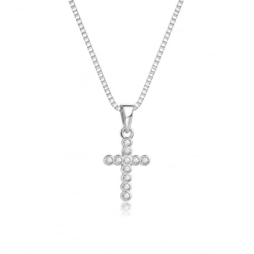 Precious Pieces CZ Cross Necklace, .925 Sterling Silver or 14K Gold-Plated - color: White Round-14