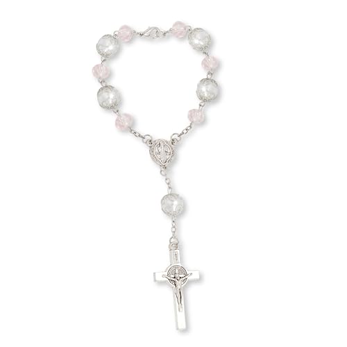 One Decade Car Rosary with St. Benedict Medal Catholic Auto Rear View Mirror Charm Pink Glass Beads Spiritual Protection Pendant Religious Car Accessories for Men and Women - color: Pink