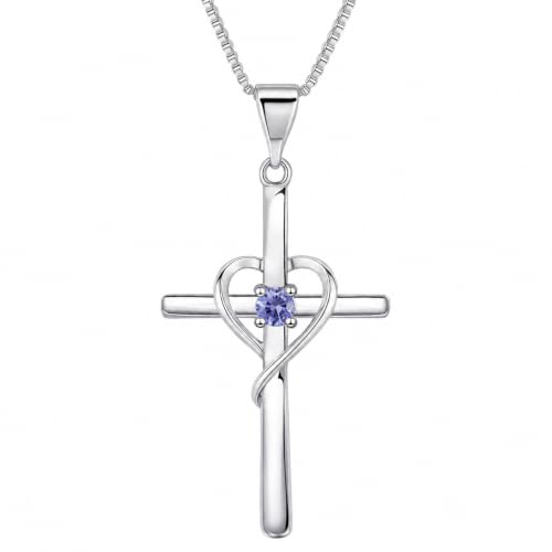 Cross Heart Necklace, 18K Gold Plated Crystal Pendant for Women - color: White-Tanzanite
