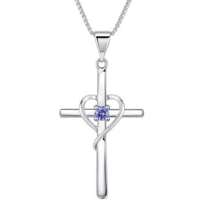 Cross Heart Necklace, 18K Gold Plated Crystal Pendant for Women - color: White-Tanzanite