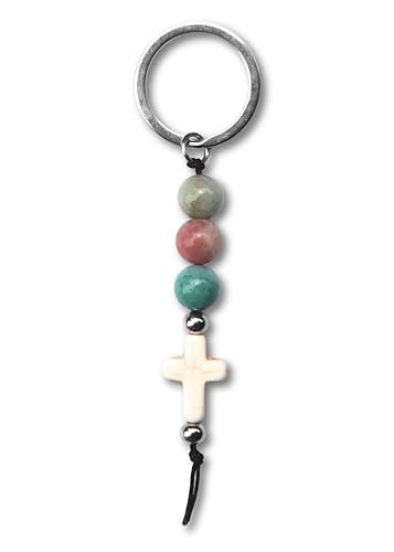 Christian Cross Keychain - Natural Stone Beaded Faith Gift for Baptism, Confirmation or Christmas - color: Multi Colour