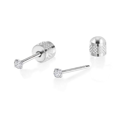 Titanium Earrings Push-in Threadless Flat Back Stud Earrings for Women Men, Cartilage Earring Hypoallergenic Cubic Zirconia Earrings Studs for Helix Tragus Piercing Jewelry - color: Silver-2mm