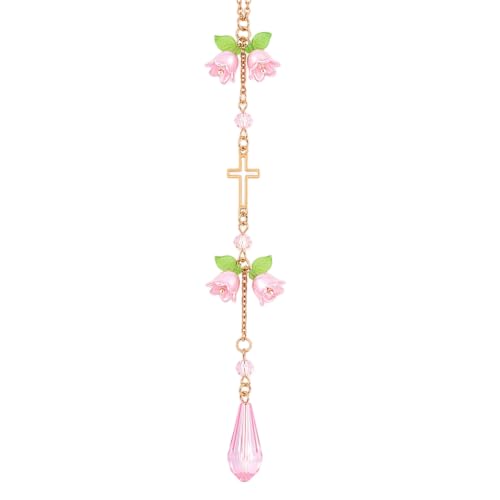 Cross Suncatcher Car Rearview Mirror Charm Pink Lily of Valley - color: Pink - Flower