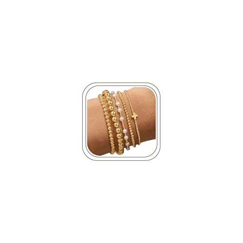 Yoosteel Gold Beaded Bracelets for Women Teen Girls, Gold Plated Jewelry - color: " Bead Pearl Cross - 5pcs
