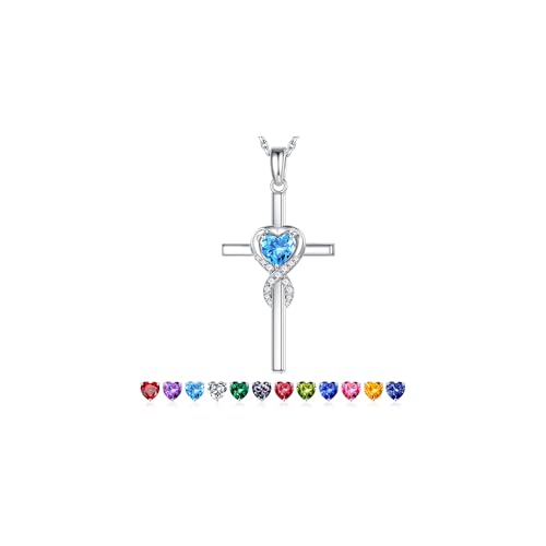 Iefil Cross Necklace for Women - Birthstone Necklace - color: 03-Mar-Created Aquamarine