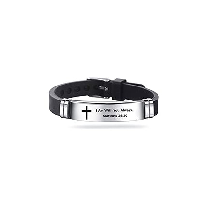Inspirational Quote Cross Bracelets Faith Christian Bible Verse Silicone ID Wristband Religious Gifts for Men Women Stainless Steel Rubber Adjustable - style: I am with you