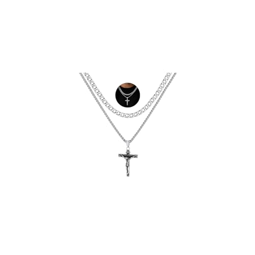 FaithHeart Cross Necklace for Men, Silver/Black/Gold Crucifix Necklace Stainless Steel Pendant with Cuban Chain Jesus Cross Necklaces Religious Gifts for Men - color: 02. INRI Cross-Silver, size: Chain Length 20in/22in