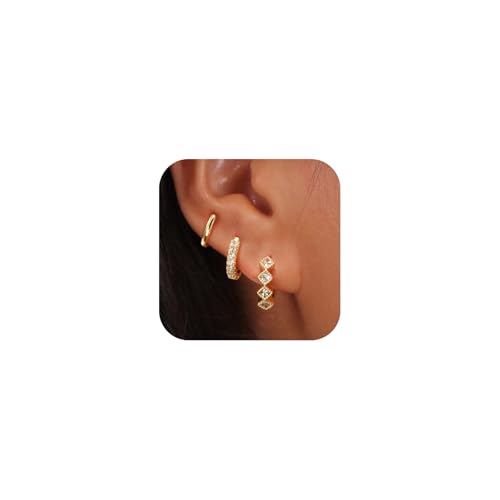 Rotnso Gold Hoop Earrings Set for Women Hypoallergenic Trendy Huggie Stack - style: 3 Pairs Rhombus CZ Hoops-GD