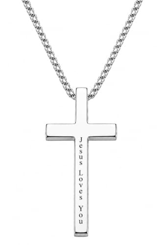 Engraved Cross Necklace for Men, Women & Boys & Girls Cross Necklace, Stainless Steel Cross Pendant Necklace, Faith & Inspiration Christian Jewelry Gift - color: Jesus Loves You