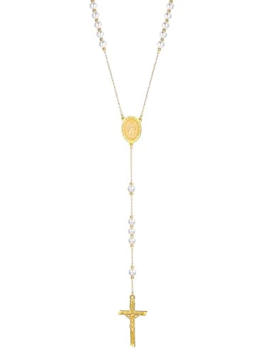 Supcare Rosary for Men Women Catholic Necklace Rosary Beads Customized - color: F04-Mary Yellow White Pearl