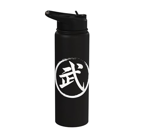 “Warrior” Japanese Kanji Word Graphic Stainless Steel Insulated Water Bottle - color: Black