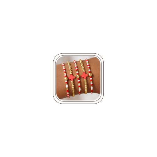 M MOOHAM Beaded Bracelets for Women Teen Girls, 14K Gold Bracelet Stack - color: Red Cross