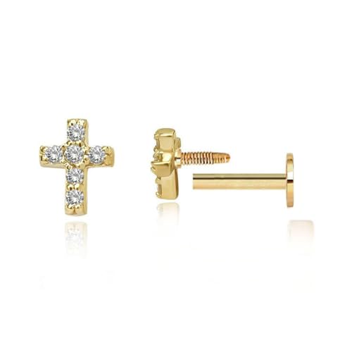 16g Tiny Cross Hypoallergenic 925 Sterling Silver Stud Earrings for Women With Flat Screw Back Small Cubic Zirconia Cartilage Pierced Earrings for Tragus Helix Conch Cartilage Jewelry Gifts - color: Gold